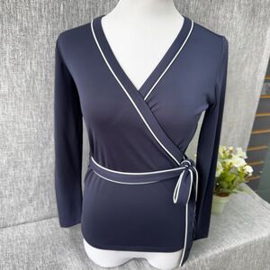 Ann Taylor Navy Blue Faux Wrap Top Petite XXS V-Neck Full Sleeve Stretch PXS PS